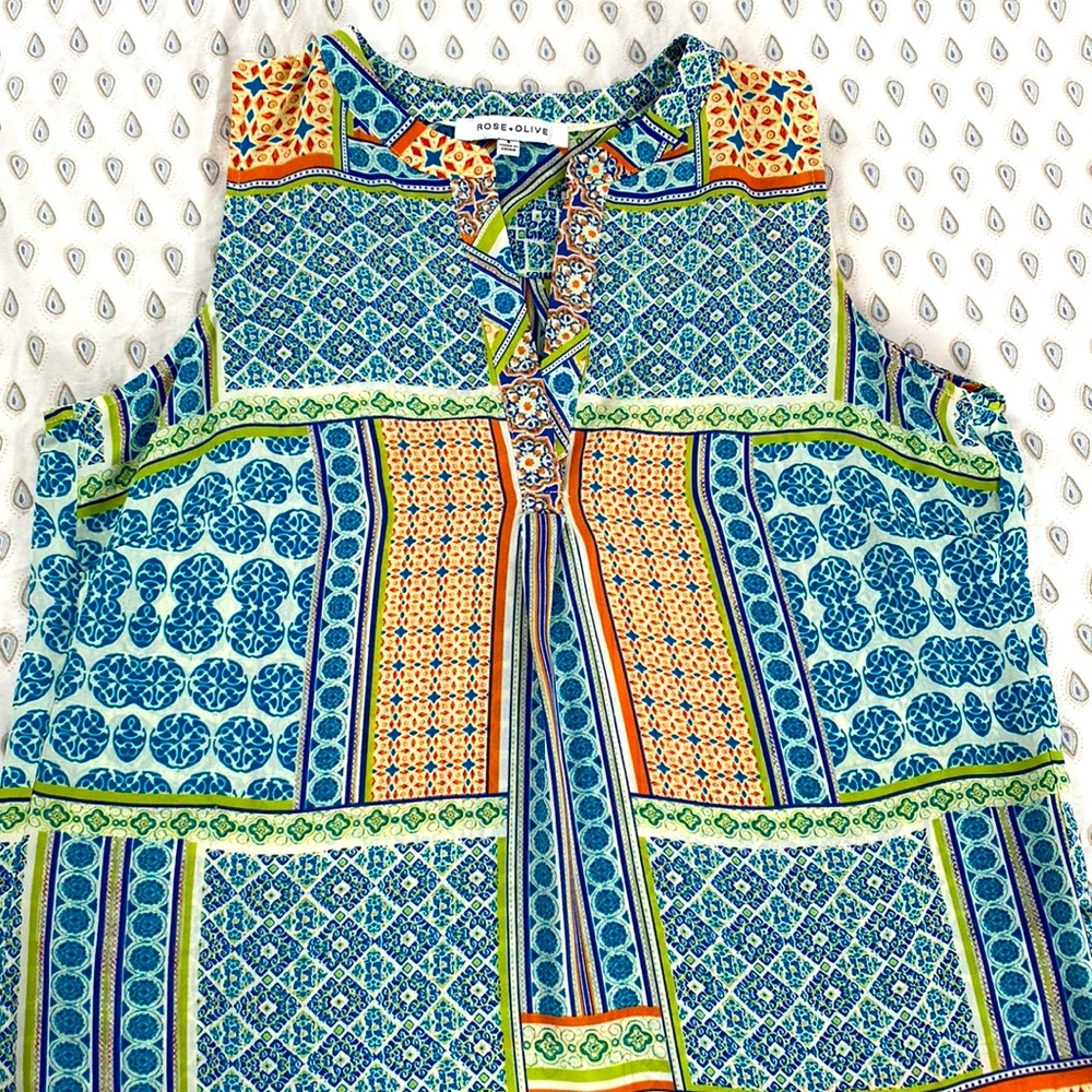 ROSE + OLIVE SLEEVELESS TUNIC BLOUSE - Mandarin Collar Multi Color Size Small